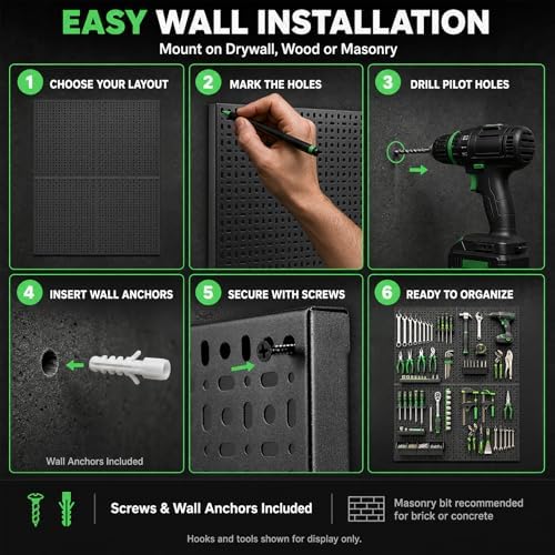 6 Pack Peg Board, 16×12" Black Metal Pegboard Wall Panels for Garage - Image 7