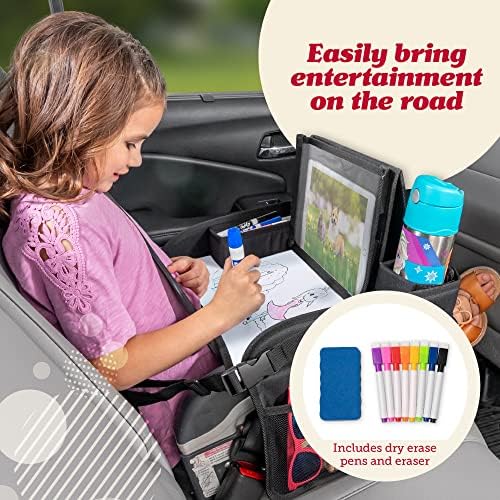 Lusso Gear Car Seat Activity Tray - Dry-Erase Top & Toddler Travel Essential - Mesh Pockets & Car Back Seat Organizer - Cup Holder & Road Trip Essentials for Kids - 600D Oxford Material - Image 2