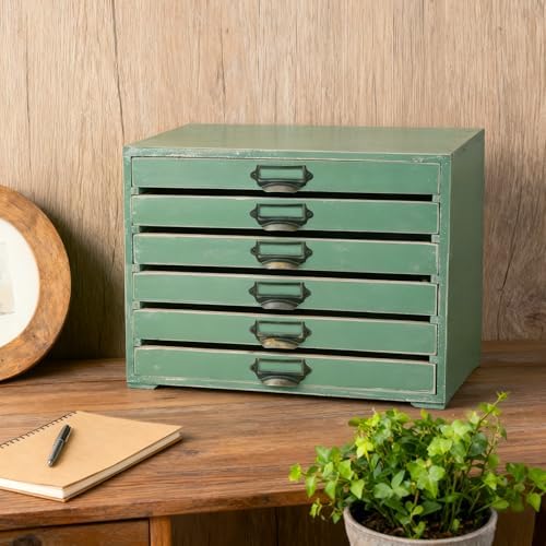 Vintage Wooden Storage Box with 6 Drawers Desktop Organizer Cabinet Rustic Farmhouse Distressed Decor Jewelry Cosmetics Craft Paper Small Tool Library Card Catalog Cabinet for Home Office Desk Green - Image 5