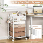 4 Drawer Rolling Storage Cart with Pegboard Top and Hooks, Brown - Image 6