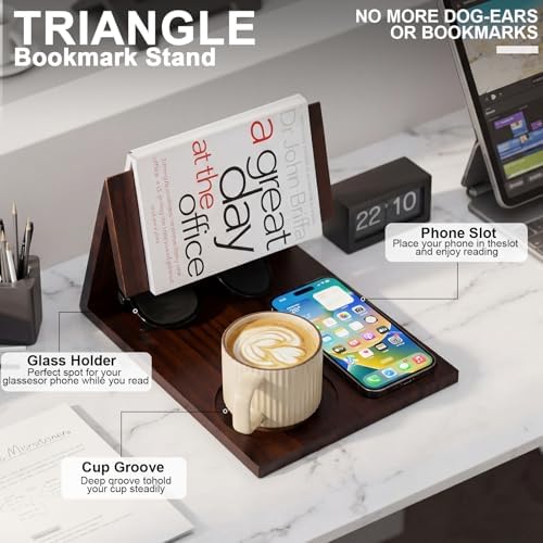 Triangle Book Holder Triangle Wooden Bookholder with Cup Stand Phone Glasses Holder Reading Valet Bookholder for Bedroom, Nightstand or Office Desk, Back to School Gift for Teacher, Book Lover - Image 3