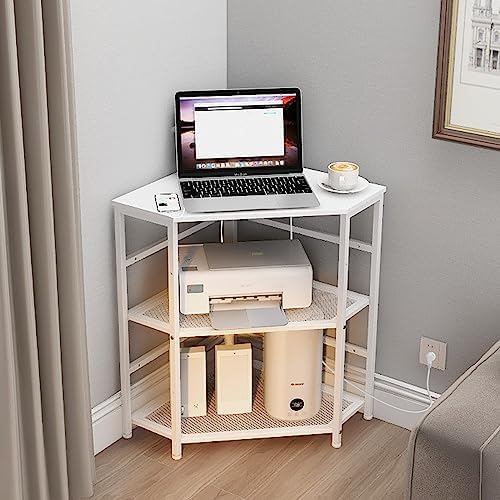 VEDECASA Corner Printer Stand Table with Power Outlet Charging Plugs USB Port Adjustable Storage Shelf Computer Tower CPU Stand Holder for Home Office (White) - Image 2