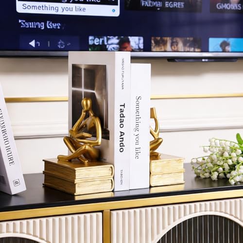 Reading Figurine Book Ends Book Lovers Gifts for Bookshelf Decorations for Readers, Graduates, Students, Teachers, Sculpture Home Decor for Shelves Desk Office Living Room (Gold) - Image 6