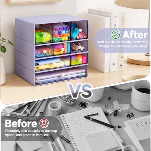 Desk Organizer with 9 Drawers, 4 Tiers Stackable Storage Drawers, Desktop Storage Box with Clear Drawers for Stationery, Makeup, Jewelry, Office and Craft Supplies (Purple) - Image 6