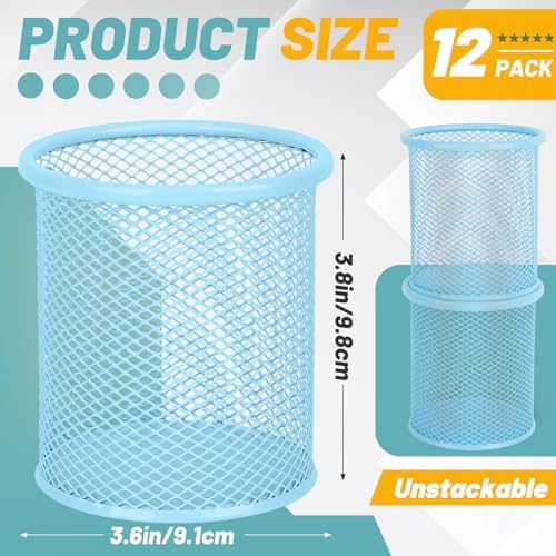 Segarty Pen Holer, 12 Pack Round Light Blue Pencils Holder for Desk, Metal Mesh Pen Cup Container Marker Organizer Set for Office, School, Home, Desktop Storage and Organization - Image 2