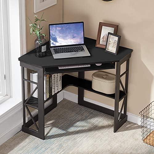 VECELO Corner Computer Desk 41 x 30 inches with Smooth Keyboard & Storage Shelves for Home Office Workstation, Black - Image 5