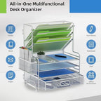 MINDEPOT 4-Tier Paper Organizer + 3-Pocket File Holder + Drawer + Pen Holders, Desktop File Organizers Paper Tray for Office Supplies School Classroom Organization (Silver, with Drawer & Pen Holder) - Image 4