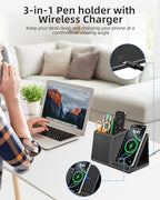 Pen Holder with Wireless Charger, PU Leather Pencil Holder for Desk, Multi-Functional Desktop Organizer, Desk Organizers and Accessories for Home School Office Supplies, Black - Image 2