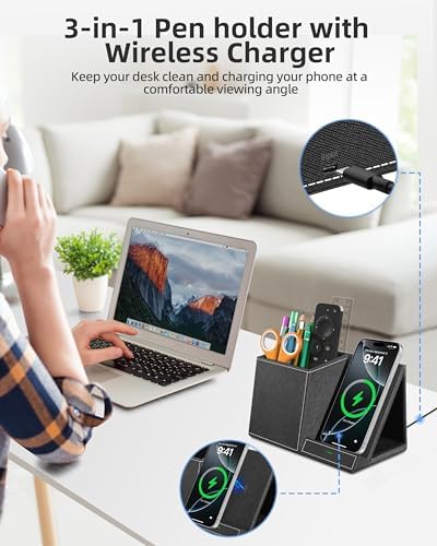 Pen Holder with Wireless Charger, PU Leather Pencil Holder for Desk, Multi-Functional Desktop Organizer, Desk Organizers and Accessories for Home School Office Supplies, Black - Image 2