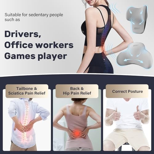Coverado Lumbar Support Pillow and Car Neck Pillow, Ergonomic Memory Foam Desk Chair Cushion and Headrest Pillow for Car Office Chair, Sciatica & Neck & Tailbone Pain Relief Cushion-Black&Gray - Image 6