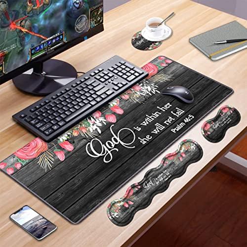 Ergonomic Keyboard Wrist Rest & Mouse Pad Wrist Rest Set,Large XXL Gaming Desk Mat 31.5"x 11.8",Non-Slip Base, Memory Foam,Easy Typing Pain Relief for Office & Home,Floral Quote Bible Verse Psalm 46:5 - Image 7