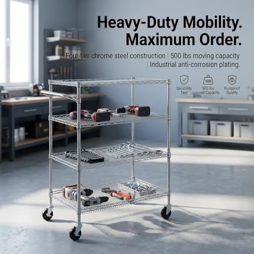 Finnhomy 4 Tier Heavy Duty Commercial Grade Rolling Cart with Handle Bar, Metal Wire Utility Cart with Wheels, Service Trolley on Wheels, Shelf Size 18" D x 30" W, NSF Listed, Chrome - Image 6