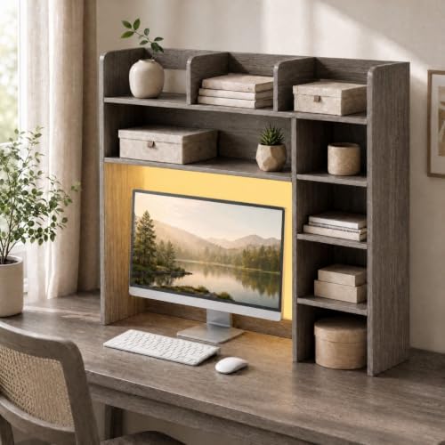 GOFLAME Desk Hutch, 8 Shelves Desktop Bookshelf, 31.5”, Gray by GOFLAME