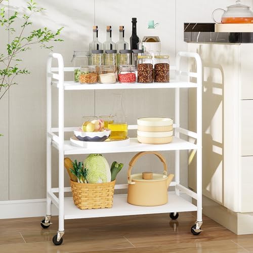 DCLRN 3 Tier Rolling Cart with Lockable Wheels Sturdy Construction,Solid Shelves,Recessed Screw Holes Ideal for Kitchen and Home Storage Size:23.6" Dx11.8 Wx29.5 H(White) - Image 2