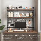 Desktop Hutch Bookshelf, 2-Tier Metal Desk Shelf with Grid Panel, Wooden Desktop Display Rack for Computer Monitor, Countertop Storage Organizer for Office Home Dorm (Black) - Image 4