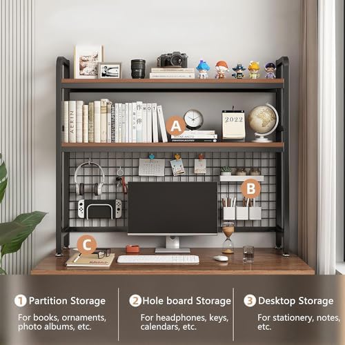 Desktop Hutch Bookshelf, 2-Tier Metal Desk Shelf with Grid Panel, Wooden Desktop Display Rack for Computer Monitor, Countertop Storage Organizer for Office Home Dorm (Black) - Image 4