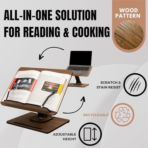 Vigo Wood 360° Rotating Book Stand, Tilt and Height Adjustable Laptop and Cookbook Holder, Foldable Reading Desk (Walnut) - Image 6