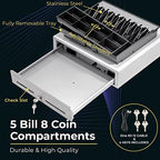 Volcora Cash Register Drawer for Point of Sale (POS) System - White and Stainless Steel Front - Fully Removable 2 Tier Cash Tray, 5 Bill/8 Coin, 12-24V, RJ11/RJ12 Key-Lock - Image 3