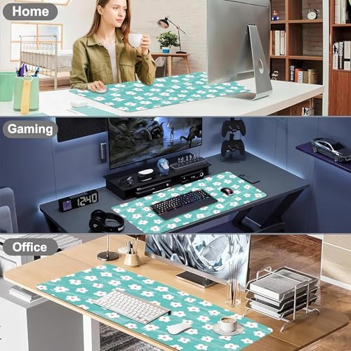 Turquoise Daisy Office Desk Mat 31.5" x 15.7" Desktop Mat PU Leather Large Mouse Pad White Mousepad Non-Slip Table Mat for Girls, Women, Home, Work, Computer, and Gaming - Image 6