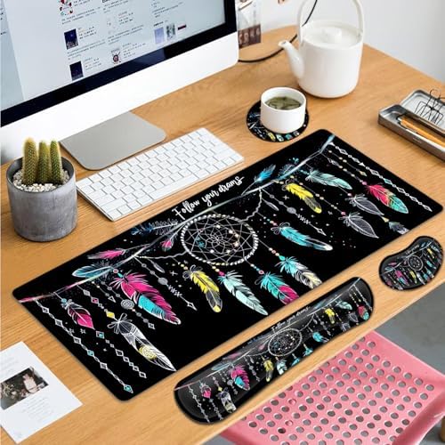 Large Gaming Mouse Pad+ Keyboard Wrist Rest Set, Ergonomics Memory Foam Mouse Mat Wrist Rest Support for Home Office, Waterproof Extended Mousepad 31.5x11.8in, Dream Catcher Black Desk Pad - Image 7