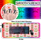 RGB Vintage Pink Flower Gaming Desk Mat, XL Floral Mouse Pad - Image 3