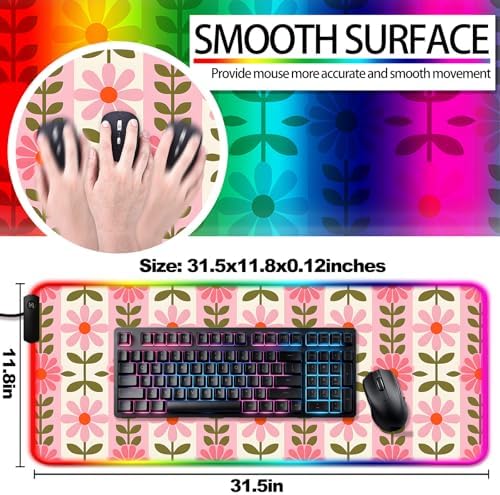 RGB Vintage Pink Flower Gaming Desk Mat, XL Floral Mouse Pad - Image 3