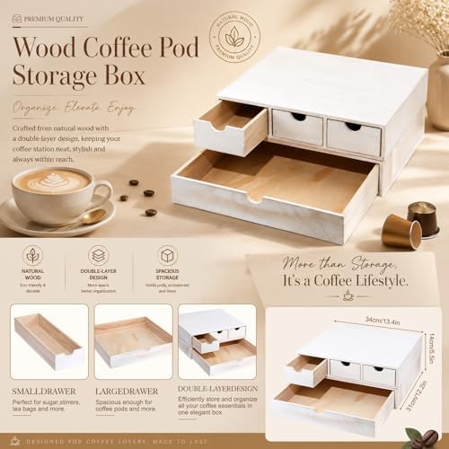 Wooden Pod Holder Drawer Coffee Tea Box, Quadruple, White - Image 3