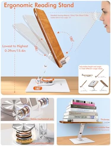 Book Stand for Reading, Adjustable Book Holder for Reading Hands Free, 360° Rotating Reading Stand, Large Rubberwood Cookbook & Bible Stand, Textbook Stand for Desk, Foldable Book Stand - Image 3