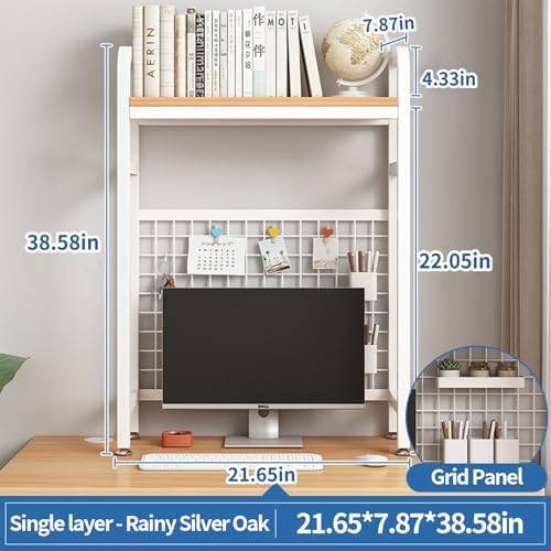 Desk Shelf Bookcase 1-Tier Metal Desktop Bookshelf Hutch with Grid Panel and DIY design possible Multipurpose Storage Organizer Display Rack for Dorm Office Home Computer Desk(White 21.7"×7.9"×38.6") - Image 3
