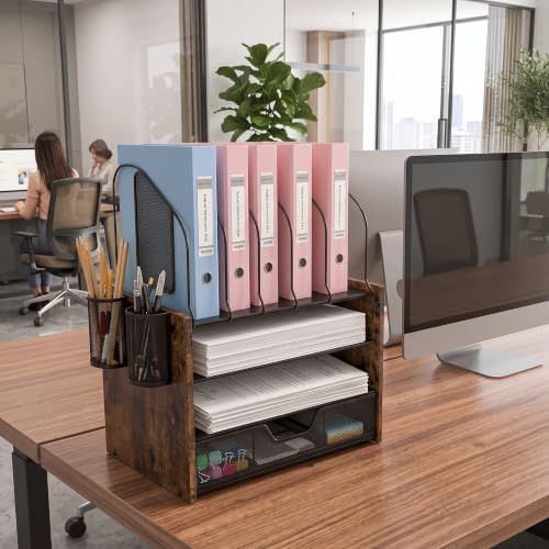 Wood Desk Organizer - 4-Tier Desktop File Organizer with Drawer, Wooden Paper Tray, Vertical File Holders & 2 Pencil Holders - Office Desk Organizer for Papers, Mail, Notebooks, Stationery - Image 6