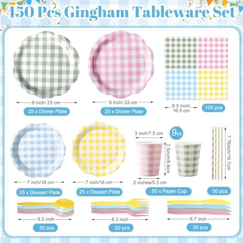 450 Pcs Tableware Set, Serve 50, Pastel, Gingham - Image 2