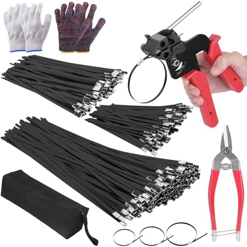 400PCS Metal Zip Ties Gun Kit, 6/8/12 Inch Heavy Duty Metal Zip Ties, Multi-Purpose Self-Locking Cable Tie Tool Set for Vehicles Farms Plants Fences Pipe Bundling, Scissors by UZLUbuywithconfidence