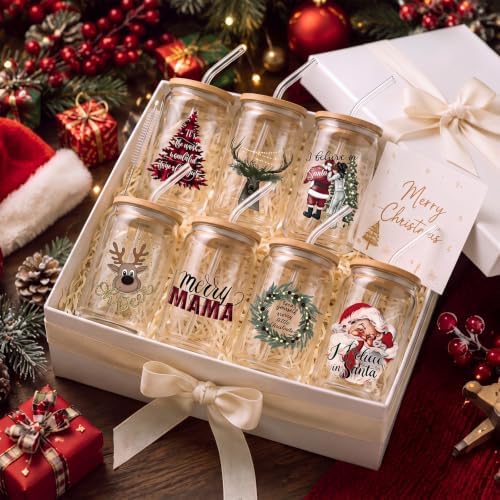 12 Sets Christmas Glass Cups Gifts 16 oz Red Black Buffalo Plaid Glass Cups with Lids and Straws Santa Gnomes Tumbler Christmas Gift for Women Man Friends Coworkers Xmas Party Favors - Image 5