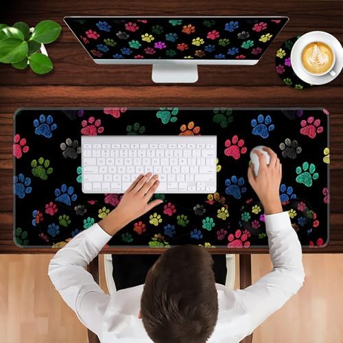 Keyboard Wrist Rest and Mouse Pad with Wrist Support Set Ergonomic Coaster,Memory Foam,Easy Typing Pain Relief,Large XL Desk Mat 31.5"x 11.8",Colorful Paw Prints - Image 4