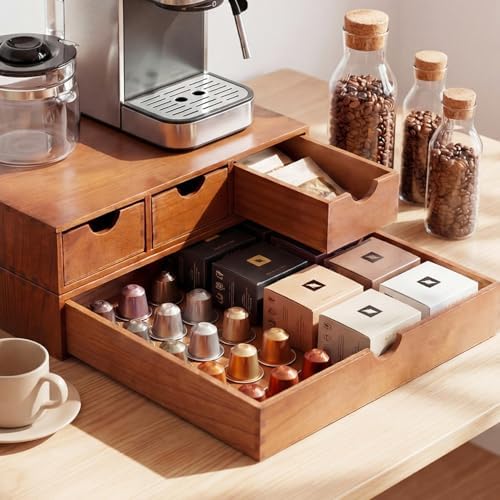 Wooden Pod Holder Drawer Coffee Tea Box, Quadruple, Wood color by Unknown