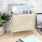 BTSKY Handwoven Magazine Holder, Natural Seagrass Magazine Basket with Metal Rack, Mail Holder Floor Organizer for Office, Living Room, Dorm, Bathroom, Woven Rattan File Basket with Handle (White) - Image 5