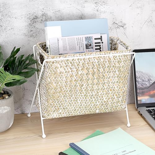 BTSKY Handwoven Magazine Holder, Natural Seagrass Magazine Basket with Metal Rack, Mail Holder Floor Organizer for Office, Living Room, Dorm, Bathroom, Woven Rattan File Basket with Handle (White) - Image 5