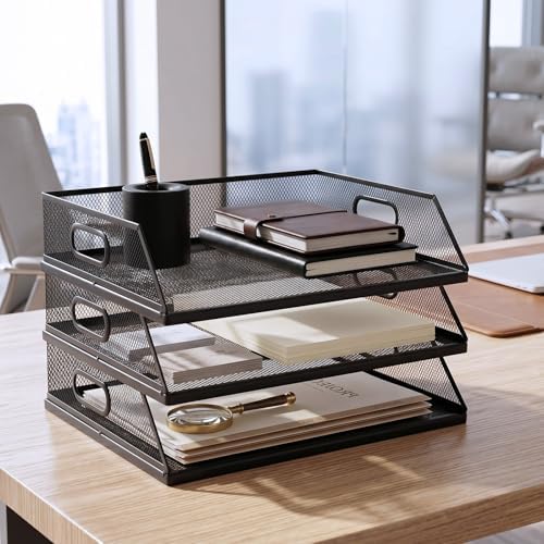 3 Pcs Stackable Letter Tray Metal Paper Tray Desk Organizer, Black - Image 4
