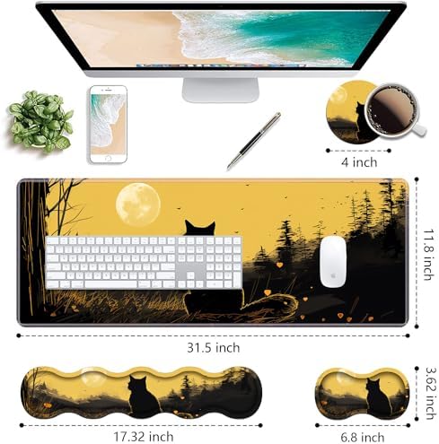 Ergonomic Keyboard Wrist Rest & Mouse Pad Wrist Rest Set, Large XXL Gaming Desk Mat 31.5"x 11.8" with Non-Slip Base, Memory Foam, Easy Typing Pain Relief for Home & Office, Black Cat - Image 2