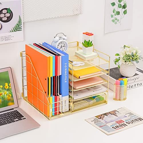 Marbrasse Desk Organizer with File Holder, 5-Tier Paper Letter Tray Organizer with Drawer and 2 Pen Holder, Mesh Desktop Organizer and Storage with Magazine Holder for Office Supplies (Gold 2p) - Image 3