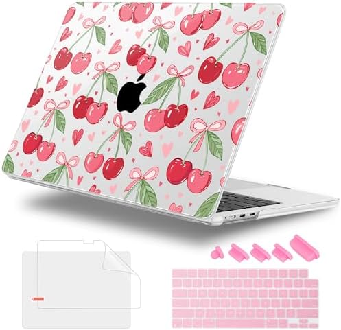 Case for 2026/2025/2024/2023 MacBook Air 15-inch Laptop Release M5 A3448 /M4 A3241 /M3 A3114 /M2 A2941, Stylish Protective Hard Shell Cover for MacBook Air 15.3 inch, Cherries & Pink Bows by WelcomeViseNewitems