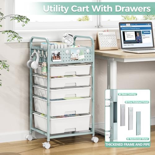 SYKIARIOL Drawer Rolling Storage Cart with Pegboard Top and Hooks, Green, 4-Drawers - Image 6