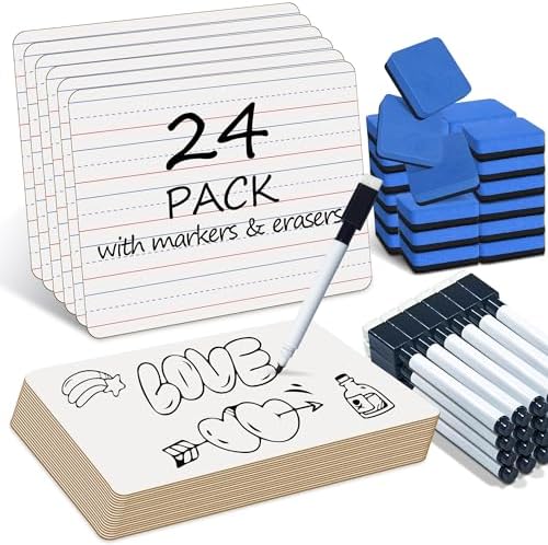 JUSTPAT 24 Pack Dry Erase Boards, 9"x12" Double Sided Easel Small Whiteboards with Lines for Kids, Students, Education Teacher Classroom, Mini Portable White Boards with 24 Markers, 24 Erasers by Unknown
