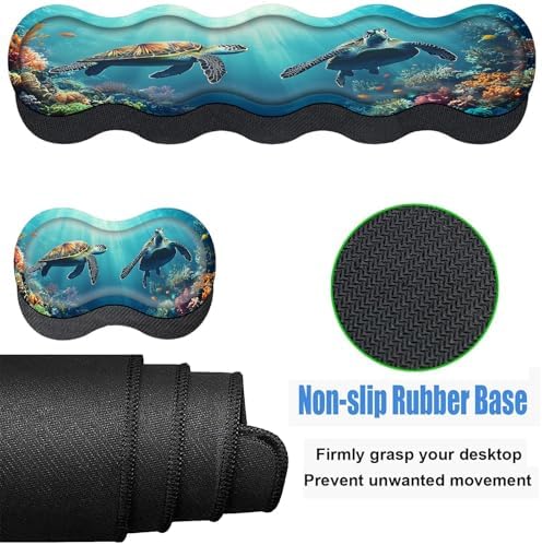 Keyboard Wrist Rest and Mouse Pad Set,31.5x11.8 Inches Desk Mat,Waterproof Non-Slip Ergonomic Wrist Support for Pain Relief,Extended Desk Protector for Office Home Gaming,Cute Turtle - Image 4