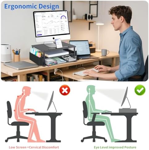 AUPSEN Wood Computer Monitor Stand Riser, 2-Tier Black Desk Organizer with Drawer, Pen Storage & Phone Holder ，Office Desk Accessories Desktop Organizer for Office Supplies (Black) - Image 2