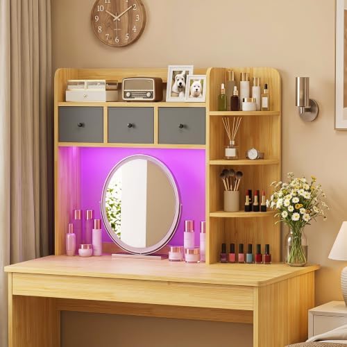 Tangkula Desktop Bookshelf with LED Lights, Dorm Desk Hutch, Burlywood - Image 4