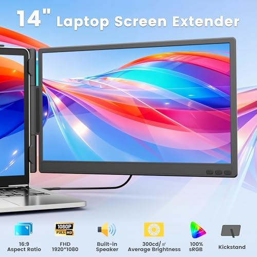 domyfan 14" Laptop Screen Extender, Ultra-Thin FHD 1080P IPS Dual Portable Laptop Monitor Extender for 13-17" Laptops, Plug & Play with HDMI/USB-A/Type-C, Compatible with Windows, Mac, Android - Image 2