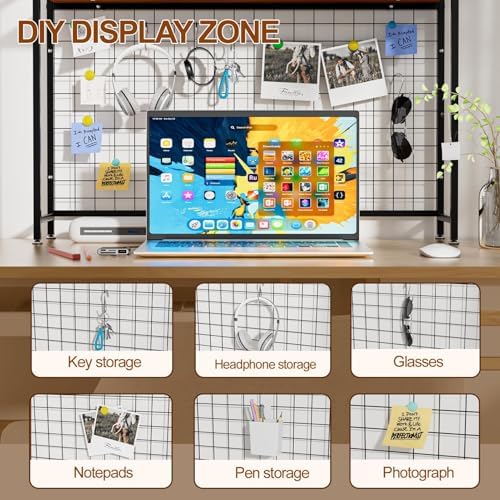 2-Tier Desk Shelf with Grid Panel, Freestanding, Black, 37.4" W - Image 6