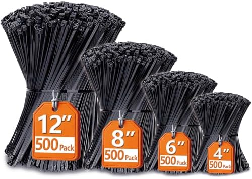 Zip Ties Assorted Sizes(4”+6”+8”+12”), 2000 Pack, Black Cable Ties, UV Resistant Wire Ties by ANOSON by ANOSON
