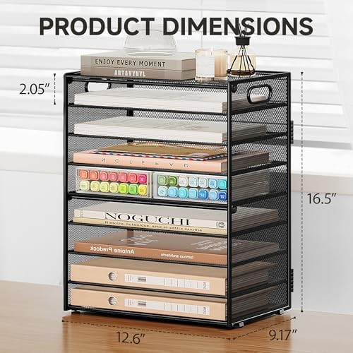 SUBEKYU 9 Tier Paper Organizer for Desk - Black Metal Mesh Letter Tray File Paper Sorter Organizer Include 6 Pcs Adjustable Height Slid Tray with Handles for Office School Home Organization Storage - Image 3